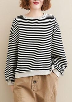 Women Autumn Long Sleeve Cotton Sweatshirt  Striped Female Loose Casual Pullovers Hoodies - Omychic Casual Striped Hoodie With Ribbed Cuffs, Comfortable Cotton Sweater For Spring, Comfortable Cotton Spring Sweater, Spring Drop Shoulder Hoodie, Comfortable Long Sleeve Tops For Spring, Casual Striped Long Sleeve Sweater, Cotton Drop Shoulder Hoodie, Comfortable Drop Shoulder Sweatshirt, Oversized Striped Long Sleeve Sweatshirt