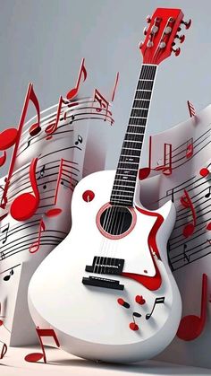 an acoustic guitar surrounded by musical notes and music staffs in red and white colors