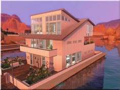 an artist's rendering of a house on the water with mountains in the background