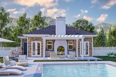 a pool with lounge chairs and an umbrella next to it