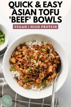 a bowl filled with rice and meat on top of a table