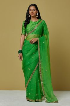 Green chanderi saree with floral embroidered motifs. Components:1 Pattern:Embroidered Type of Work:Floral Fabric:Chanderi Color:Green Other Details: Note: Blouse worn by the model is not for sale Occasion:Puja - Aza Fashions Bandhani Print, Chanderi Saree, Floral Saree, Purple Saree, Embroidered Motifs, Saree For Women, Embroidered Saree, Green Saree, Stylish Sarees