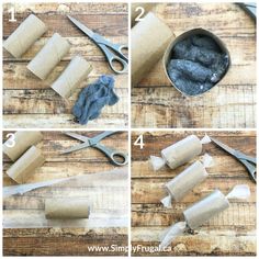 the steps to make toilet paper rolls with scissors and some yarn on them, sitting on a wooden table