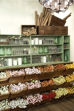 the shelves are filled with many different colored flowers