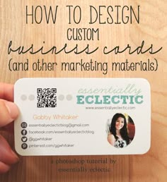 a person holding up a business card with the words how to design custom business cards and other marketing materials