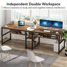 there is a desk with two computers on it and the words independent double workspace above it