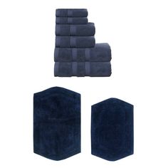 six piece towel set in navy blue color with hexagon shaped rugs and matching towels