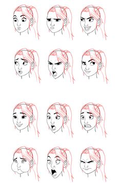 the steps to draw a woman's face with different angles and hair lengths