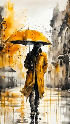 a painting of a man walking in the rain with an umbrella over his head and wearing a yellow coat