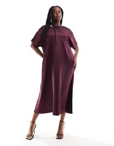 ASOS DESIGN Curve satin oversized midi t-shirt dress in burgundy | ASOS Elegant Oversized Short Sleeve Midi Dress, Elegant Oversized Short Sleeve Maxi Dress, Formal Dresses Graduation, Cocktail Dress Formal, Winter Party Dress, Asos Curve, Long Sleeve Floral Dress, Sweaters And Leggings, Satin Slip Dress