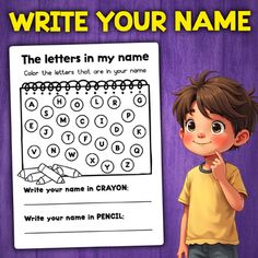 a young boy standing in front of a purple background with the words write your name on it