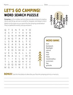 the word search page for camping