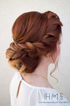 red hair and braid Quinceanera Hairstyle, Updos Hairstyles, Braid Updo, Low Bun