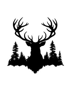 a black and white silhouette of a deer in the woods with trees around it's neck