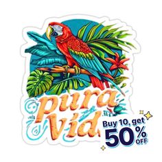 a sticker with the words pura wild on it and a parrot sitting on top of