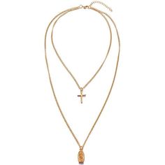 This layered necklace is made from gold-plated alloy material and carries 2 beautiful pendants. The inner chain has a diameter of 16" and features simple cross pendant, while the outer chain that is 24" in length carries an oval pendant that carries the image of the beloved Virgin Mary. The entire set is made of the same material. The bright shiny gold finish definitely makes this one of the stunning multi-layer chain pieces in the Innovato Design Collection. The 2 chains are also linked at both ends, allowing workers to avoid getting their jewelry tangled up. The locking clasp at the end offers a 2" extender chain, which makes the entire necklace adjustable.  Product Highlights:    Lovey Gold-plated Alloy Chain (Lengths: 16" cm; 24" cm; + 2" extender)  Detailed Cross and Virgin Mary Penda Detailed Cross, Necklace With Cross, Beautiful Pendants, Virgin Mary Pendant, Wood Inlay Rings, Simple Cross, Punk Accessories, Masonic Ring, Layered Chains