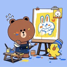 a brown teddy bear standing next to an easel with paint and a duck on it