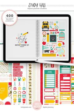 the happy planner sticker book is open and has various items on it, including an ipad