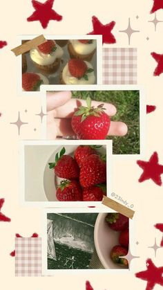 some strawberries and cupcakes are arranged in three different pictures with red stars