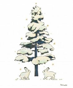 a christmas tree with snow on it and two rabbits in the foreground, against a white background