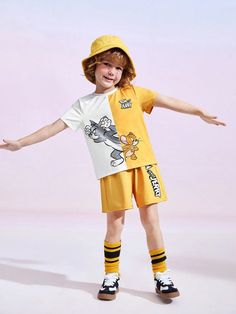 TOM & JERRY X SHEIN Young Boy Cartoon Graphic Colorblock Tee And Shorts Set | SHEIN USA Yellow Spliced Top For Summer, Yellow Spliced Tops For Summer, Long Sleeve T-shirt With Contrast Color For Summer, Long Sleeve Contrast Color T-shirt For Summer, Yellow Patchwork T-shirt For Spring, Casual Yellow Spliced Top, Casual Yellow Tops With Splicing, Yellow Tops With Contrast Color For Summer, Summer Yellow Tops With Contrast Color