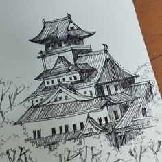 a drawing of a building with trees in the background