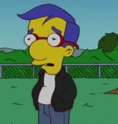 the simpsons character is wearing glasses and standing in front of a fenced area with trees