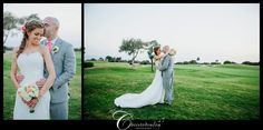 a bride and groom posing for pictures on the golf course