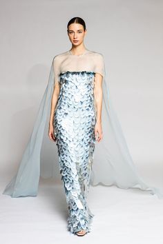 Her Trove - Patterned dress featuring back cape Sequin Mermaid Skirt, Sequin Mermaid Dress, Isabel Sanchis, Dress Cape, Dress With Cape, Runway Magazine, Dress Name, Patterned Dress, Illusion Neckline