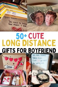 the cover of 50 + cute long distance gifts for boyfriends is shown in this collage