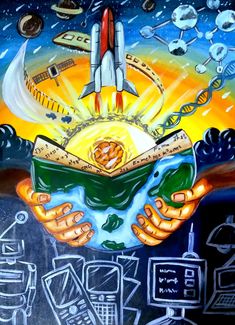 a painting of a hand holding a book with an image of a space shuttle in the background