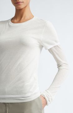 A prelayered pair of T-shirts made from a semisheer knit enriched with cashmere comfortably slots into your wardrobe as an all-season casual staple. 23" length (size Medium) Crewneck Long sleeves 88% lyocell, 10% cashmere, 2% polyamide Dry clean or hand wash, dry flat Imported Designer Clothing Casual Fitted Top With Sheer Sleeves, Sheer Sleeve Stretch Tops For Layering, Fitted Knit Top For Layering, White Crew Neck Top With Sheer Sleeves, Relaxed Fit Knit Top For Layering, Fitted Cashmere Top For Layering, Casual Sheer Sleeves Top For Layering, Spring Fine Knit Stretch T-shirt, Fitted Crew Neck Knit Top For Layering