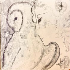 a drawing of an owl and a woman's face