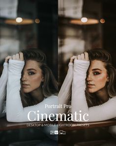 two beautiful women sitting at a table with their hands behind their head and the words portrait pro cinematic