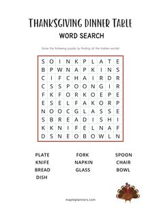 the thanksgiving dinner word search is shown in this printable activity sheet for kids to practice their spelling skills