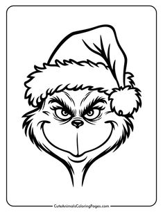 Grinch character wearing a Santa hat, designed for coloring activities, featuring a mischievous expression and distinct facial features. Ideal for holiday-themed art projects and children's crafts. Grinch Scenes, Free Printable Grinch