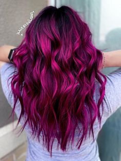 Hair Color Ideas For Round Faces, Wild Orchid Hair Color, Raspberry Balayage, Purple Magenta Hair, Vivid Hair Color Ideas For Brunettes, Magenta Balayage, Purple Hair Inspiration, Cherry Highlights, Raspberry Hair Color