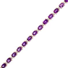 Charm her with this elegant gemstone bracelet. Created in sterling silver with 14K rose gold plate, this impressive design features 4 x 3.0mm oval-shaped bright purple amethysts alternating with shimmering white topaz. Buffed to a brilliant luster, this 7.25-inch bracelet secures with a tongue and groove clasp. Elegant Purple Tennis Bracelet, Rose Gold Oval Bracelet Fine Jewelry, Luxury Purple Tennis Bracelet, Topaz Bracelet, Peoples Jewellers, Tongue And Groove, Bright Purple, Purple Stones, Topaz Stone