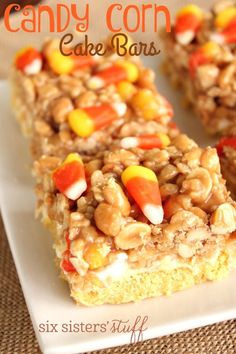 candy corn cake bars on a white plate