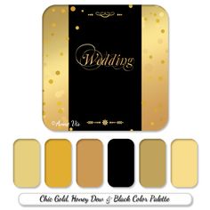 the wedding color palette is shown in gold, black and white with dots on it