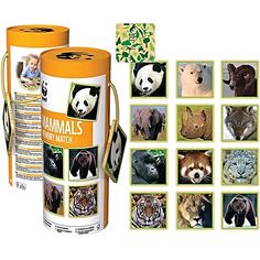 two cans with pictures of animals on them next to each other and an orange handle