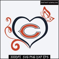 the chicago bears heart with butterflies on it is shown in red, black and white