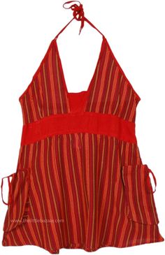 This vibrant halter top is made from breathable cotton, featuring a flattering V-neck and adjustable tie straps for a perfect fit.  The design includes two spacious pockets for added functionality and a bobbin elastic back for comfort and ease of movement. #tlb #Sleeveless #beachwrap #bohemianfashion #Handmade #BohemianTop Boho Halter Top, Red Forest, Beach Bohemian, Bohemian Top, Red Tunic, Hippie Look, Bohemian Handmade, Trendy Skirts, Bohemian Tops