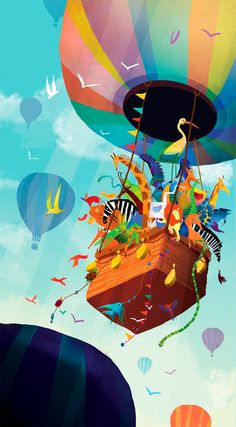 an image of a colorful hot air balloon floating in the sky with birds flying around