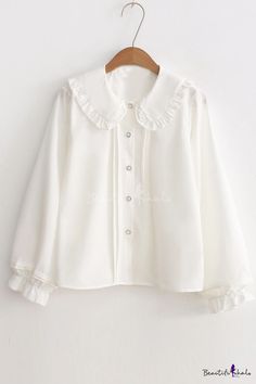 White Collared Top For Fall, White Top With Cute Collar For Fall, Kawaii Long Sleeve Tops For Fall, Kawaii Long Sleeve Tops For Spring, Cute White Blouse With Doll Collar, White Blouse With Doll Collar In Cute Style, White Long Sleeve Blouse With Lace Collar, Kawaii Long Sleeve Blouse, Cute Ruffled Collar Tops For Fall