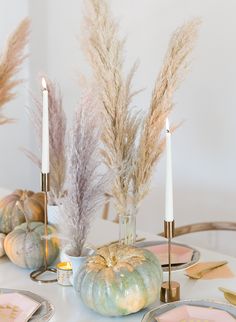 a white table topped with plates covered in pumpkins and pamodia plants next to candles