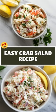 two bowls filled with crab salad next to lemons and parsley on the side