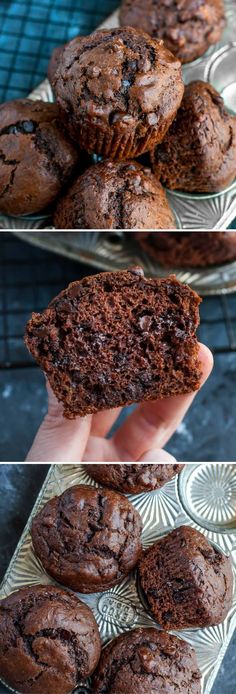 chocolate muffins are being held up in front of the camera, and on top of