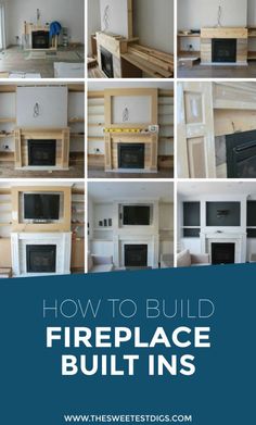 how to build fireplace built ins in the living room with pictures and text overlay