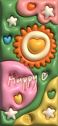 an abstract painting with the words happy g on it's bottom and colorful flowers in the middle